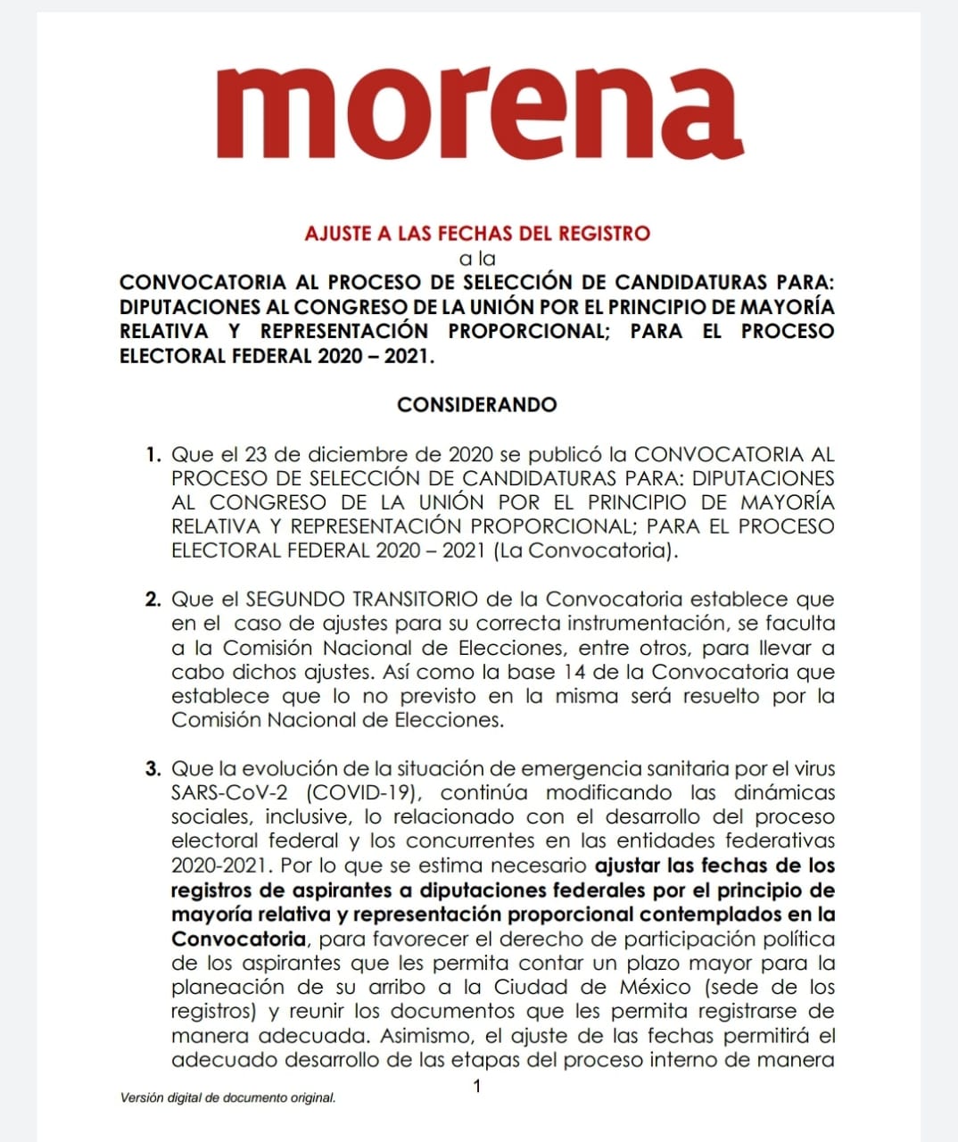 AVISO IMPORTANTE!, Se recorren las fechas de registro para la Convocatoria  a las Diputaciones Federales por Morena. - MORENA SONORA