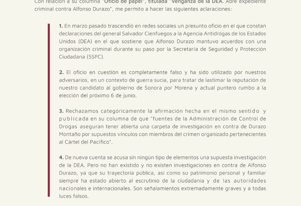 Falsa la información de una supuesta investigación de la DEA a Alfonso Durazo