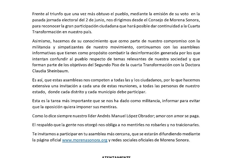 MENSAJE A LA MILITANCIA Y SIMPATIZANTES DE MORENA SONORA